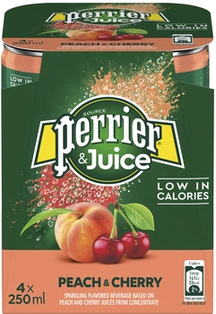 Упаковка напою безалкогольного сильногазованого Perrier Peach-Cherry з додаванням натуральних соків 0.25 л Мультипак х 4 шт (7613036280327)