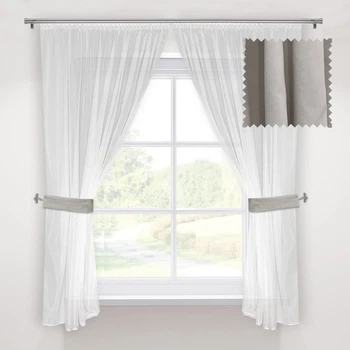 Кухонная короткая занавеска Adagio Windows Decor Белые тюлевые шторы с светло серыми подхватами в размерах 1,45х1,7м - 2 шторы