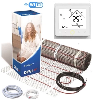 Теплый пол DEVI двухжильный мат DTIR-150 1.5 м2 c программируемым сенсорным WiFi терморегулятором в комплекте (T078336)