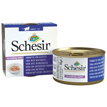 Schesir Tuna with Whitebaits ШЕЗИР ТУНЕЦ С АНЧОУСАМИ в бульоне натуральные консервы для котов, влажный корм, банка, 85г