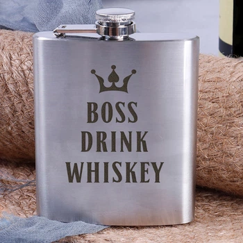 Фляга стальная "Boss drink whiskey", английский, Деревянная подарочная коробка с гравировкой