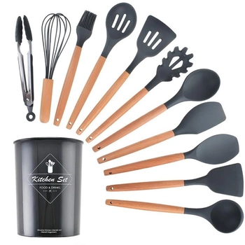 Силиконовый кухонный набор принадлежностей Kitchen Set 12 предметов (дерево+силикон) темно-серый