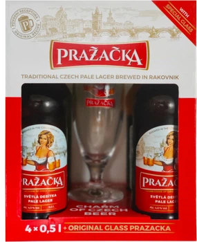 Подарочный набор пива Prazacka светлое фильтрованное пастеризованное 4% 0.5 л x 4 шт + бокал 0.33 л (8594053493077)