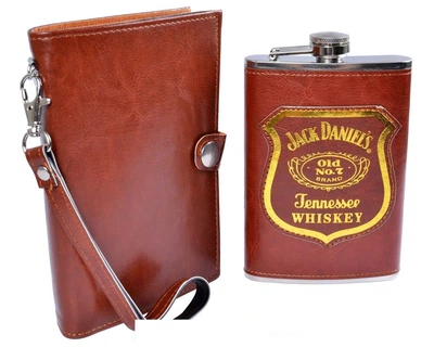 Фляга из нержавеющей стали для мужчин Present Jack Daniels в кожаной барсетке 270 мл