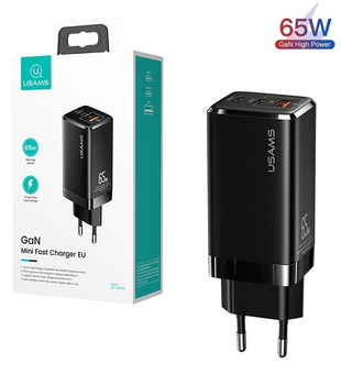 Блок живлення Usams GaN Quick Charger 65W (2 Type-С+USB) для MacBook/Huawei/Lenovo/Dell/HP black
