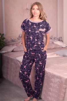 Пижама футболка + брюки Fleur Lingerie ОСЕАН 52 на синем - фламинго