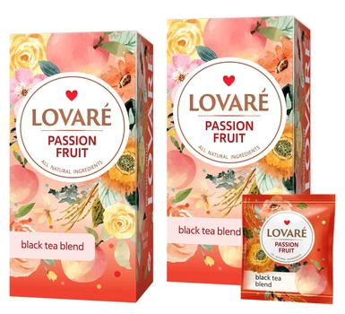 Упаковка цейлонского черного чая Lovare Фрукт страсти с фруктами, лепестками цветов и ароматом персика и маракуи 2 пачки по 24 пакетика (2000006781451)