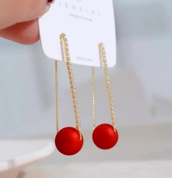 Серьги удлиненные Красные бусинки jeweston Золотистого цвета