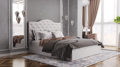 Кровать двуспальная из ДСП с мягким изголовьем 160x200 Каролина 1 искусственная кожа Flay светло-серый Світ Меблів с металлическим каркасом (без матраса)