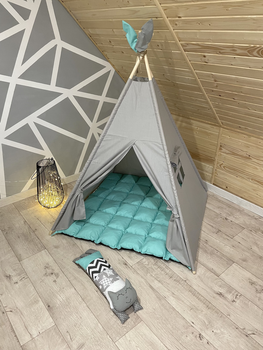 Вигвам детский игровой iKids с мягким мятным ковриком однотонный серый Тень с окошком+4 пера+1 декоративная подушка Котик + сумка для хранения
