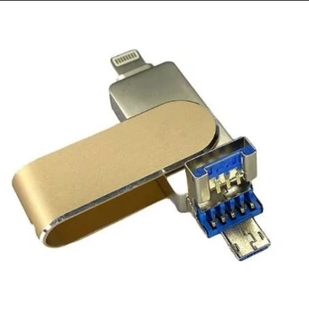 Флешка для IPHONE FlashDrive HighSpeed c разьемом Lightning 8pin, Micro USB , USB 3.0 , 64gb золото