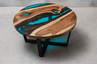 Дизайнерский журнальный стол река Сан-Франциско 700х440 мм Прозрачная синяя эпоксидная смола и массив ореха