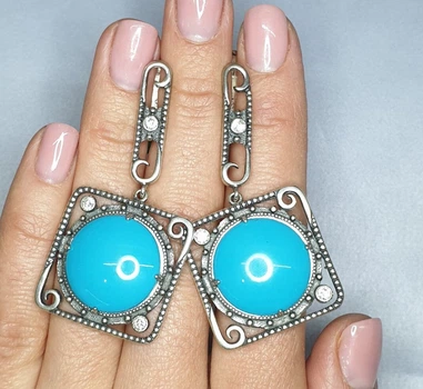 Сережки серебряные с бирюзой и кубическим цирконием 18,44 г