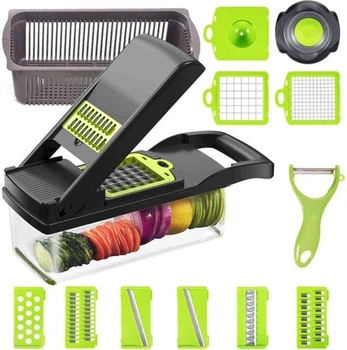 Овочерізка ручна Veggie Slicer 14в1 універсальна - Багатофункціональний мультислайсер – кухонна терка для нарізки овочів та фруктів з насадками та контейнером, Сірий із зеленим (D-2019090835)