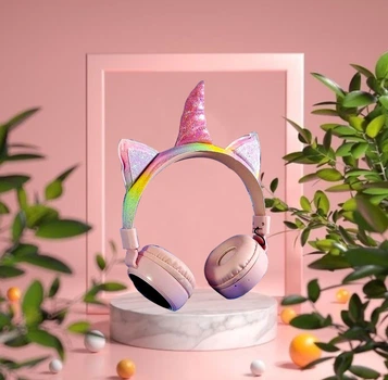 Беспроводные наушники с ушками и рогом Unicorn KD80 Единорог с подсветкой Pink