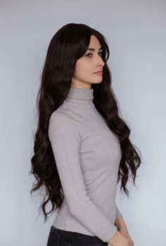 Коричневый длинный парик волнистые волосы с челкой