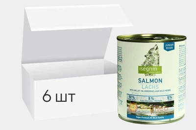 Упаковка влажного корма для собак isegrim junior river лосось с пшеном, черникой и дикими травами 800г 6шт