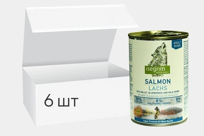 Упаковка влажного корма для собак isegrim adult river лосось с пшеном, черникой и дикими травами 400г 6шт