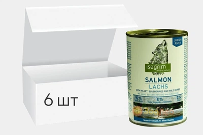 Упаковка влажного корма для собак isegrim junior river лосось с пшеном, черникой и дикими травами 400г 6шт