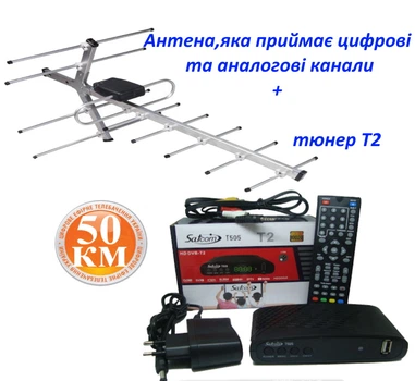 Комплект Т2 : DVB-T2 тюнер SatCom T505 T2 Internetс фунциями медиаплеера и IPTV/WebTV-плеера + Антенна внешняя Волна 1-06 (50 км)