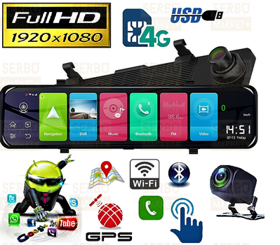 Видеорегистратор зеркало 12" 4G Sim GPS WIFI Android Bluetooth Hand Free Full HD DVR D60 Plus с камерой заднего вида