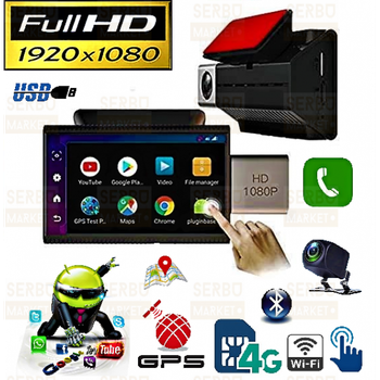 Видеорегистратор 3" 4G Sim GPS WIFI Android Bluetooth Hand Free Full HD DVR K11 Plus с камерой заднего вида