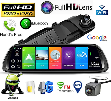Відеореєстратор дзеркало 10" 4G, WiFi, GPS навігатор, Android 8,1,Bluetooth,FM Full HD DVR MR-810 з виносною камерою заднього виду