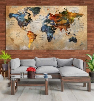 Картина на холсте карта мира бежевый world map 60х110 см