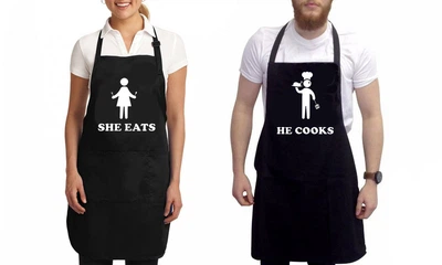 Парные фартуки с принтом "She eats. He cooks"