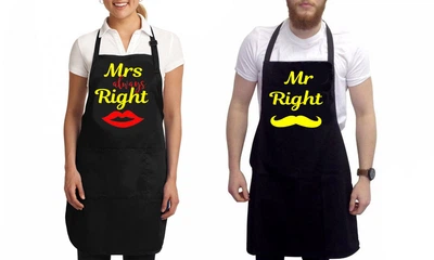 Парные фартуки с принтом "Mr. Right. Mrs. Always Right" (желтые надписи)