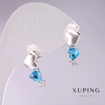 Серьги Xuping «гирлянда из сердец» с голубыми камнями 17×7 мм, родированное покрытие, ida55494