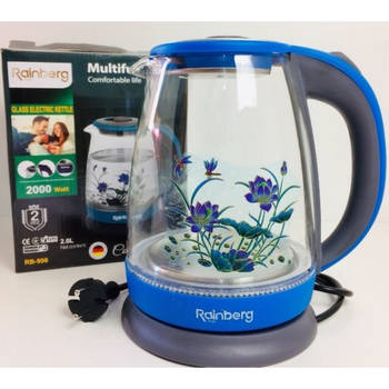 Скляний електрочайник - Rainberg RB-998 - Блакитний + з малюнком квітів + ​​LED-підсвічування 2,0л. Потужність: 2000Вт.