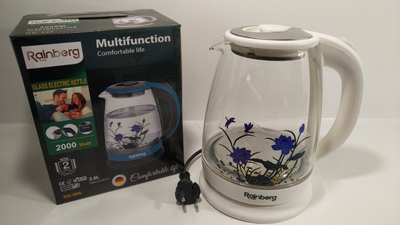 Скляний електрочайник - Rainberg RB-998 - Білий + з малюнком квітів + ​​LED-підсвічування 2,0л. Потужність: 2000Вт.
