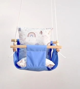Детская качеля из дерева подвесная Infancy Радуга хлопковая голубая тканевая основа от 7 месяцев до 5 лет