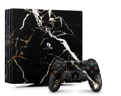 Виниловая наклейка на Playstation 4 Slim консоль и контроллер чёрный мрамор, арт.7010203