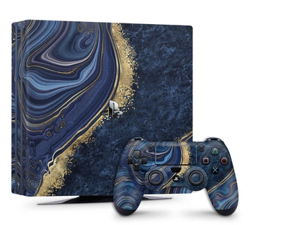 Виниловая наклейка на Playstation 4 Pro консоль и контроллер тёмно-синяя абстракция золото, арт.7010185