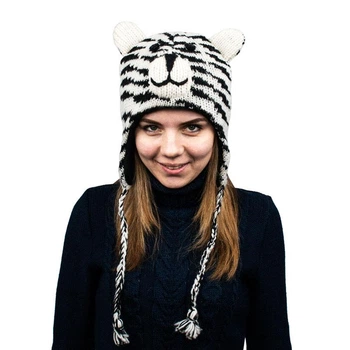 Шапка с ушками Animals White tiger Kathmandu Ручная работа 100% шерсть яка One Size Белый Чёрный (22936)