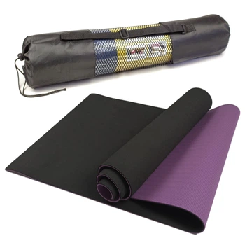 Коврик для йоги и фитнеса FitMagic TPE+TC 183/61cм/6 мм двухслойный черный - фиолетовый