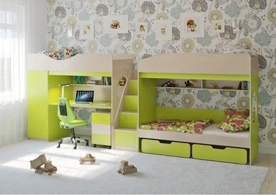 Комплект тримісний - Ліжко-горище: стіл та шафа + Двоярусне ліжко 417х84х167см венге світлий+лайм 65315