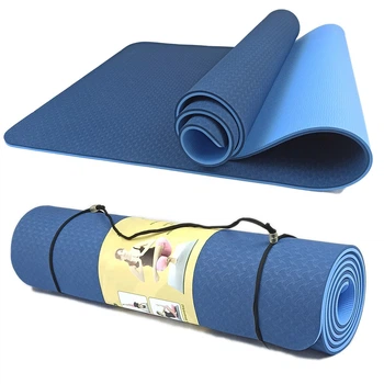 Коврик для йоги и фитнеса FitMagic TPE+TC 8 мм спортивный двухслойный каремат cиний-голубой