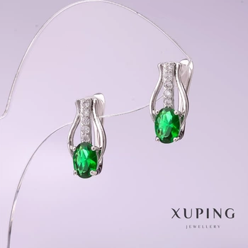 Серьги Xuping с зелёным камнем 16×8 мм, родированное покрытие, ida56910