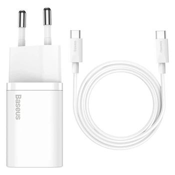 Сетевое зарядное устройство BASEUS Type-C to Type-C cable Super Si Quick Charger 1Type-C, 3A/25W адаптер с кабелем Type-C 1м и быстрой зарядкой White (TZCCSUP-L02)