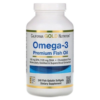 Диетическая добавка Омега-3, рыбий жир премиум-класса, California Gold Nutrition, 240 капсул с рыбным желатином