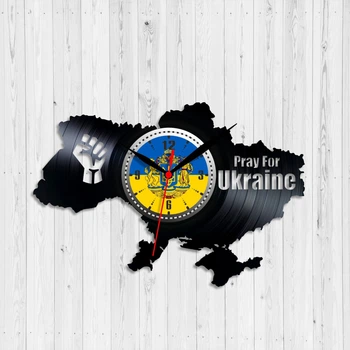 Часы настенные Виниловая пластинкa Карта Украины Pray for Ukraine 30 см Черный 1419/4