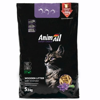 Наполнитель AnimAll древесный для кошек, с ароматом лаванды, 5,3 кг (300 г в подарок)