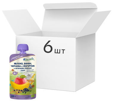 Упаковка пюре Fleur Alpine Organic Яблоко, банан, черника с йогуртом и цельными злаками с 6 месяцев 6 шт х 120 г (5024688101168)