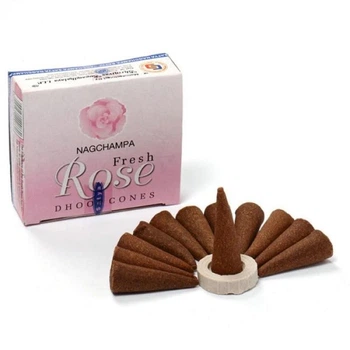 Натуральные конусные благовония Свежая Роза Сатья Fresh Rose Satya 12 шт +подставка