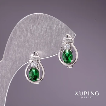 Серьги Xuping с зелёными камнями 15×9 мм, родиевое покрытие, ida55409