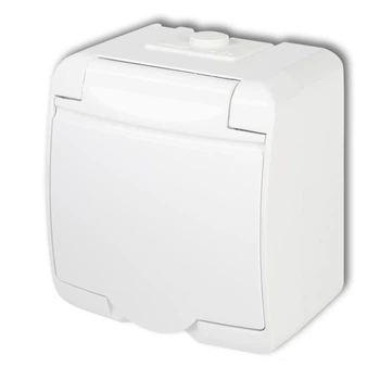 Розетка одинарная IP54 с з/к Karlik GHE-1s 16А Белая с крышкой Schuko наружная (внешняя)