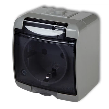 Розетка одинарная IP54 с з/к Karlik 10GHE-1sd 16А Серая с крышкой прозрачной Schuko наружная (внешняя)